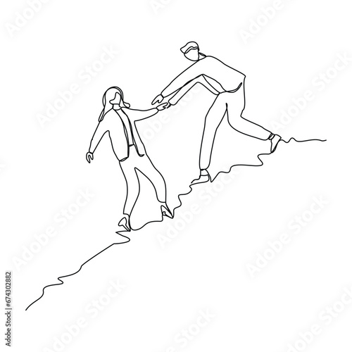 Continuous single line sketch drawing group of people man woman helping each other hike up a mountain. One line art business, success, leadership, achievement and goal 