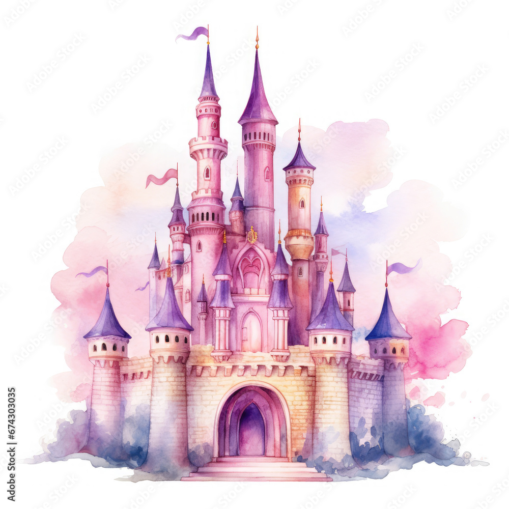 Obraz premium Cute watercolor princess castle Illustration, Generative Ai