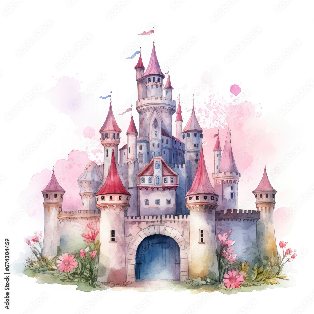 Cute watercolor princess castle Illustration, Generative Ai