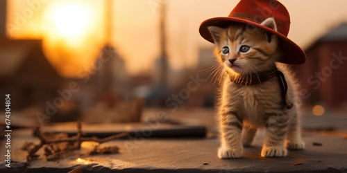 A small kitten wearing a red hat. Generative AI.