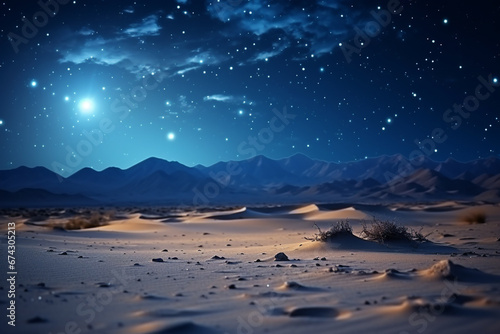 enchanting beauty of desert landscape under clear night sky, with stars twinkling above and moon casting soft glow on sand