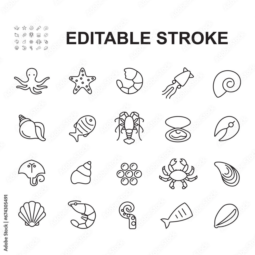Fototapeta premium Seafood line icon set. Isolated signs on white background. Vector illustration.
