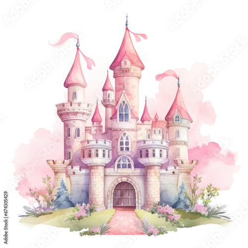 Cute watercolor princess castle Illustration, Generative Ai