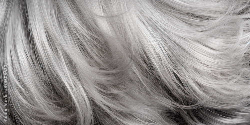 Naklejka premium Grey hair close up wide shot long flowing old hair grey colour haircut fashion, generated ai