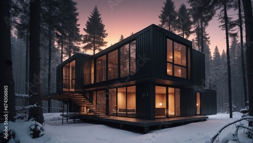 A contemporary dwelling constructed using shipping containers, metal, wood, and glass, emerges gracefully amidst the dense woodland during winter. Generative AI