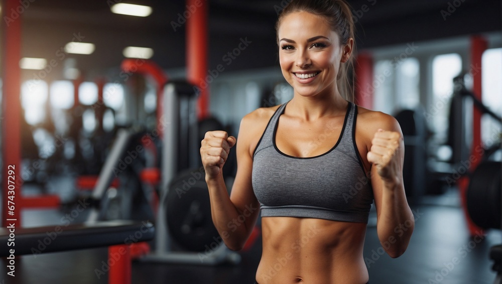 Smiling Woman, fitness and thumbs up to health, workout and training to live an active, wellness and healthy lifestyle with gym. Generative AI	