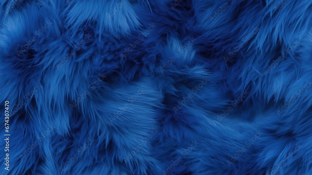 Blue fake fur seamless pattern. Repeated background of fluffy texture. - obrazy, fototapety, plakaty 