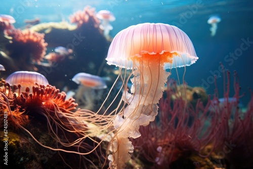 A group of jellyfish swimming in an aquarium. Generative AI.