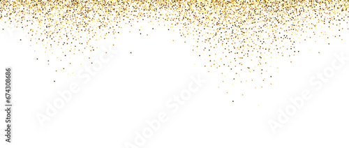 Golden glitter background. Falling small confetti texture. Sparkling gold dots wallpaper. Border frame design element for posters, flyer, invitation. Christmas, New year, birthday decoration. Vector