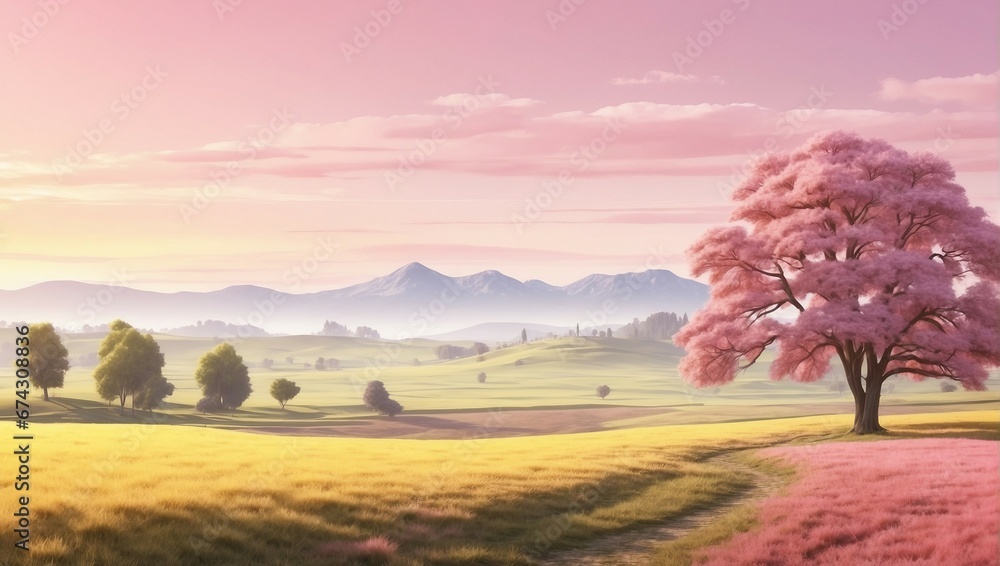 Peaceful Sunrise over Idyllic Pink Landscape
