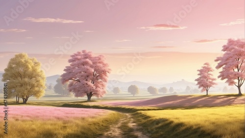 Peaceful Sunrise over Idyllic Pink Landscape 