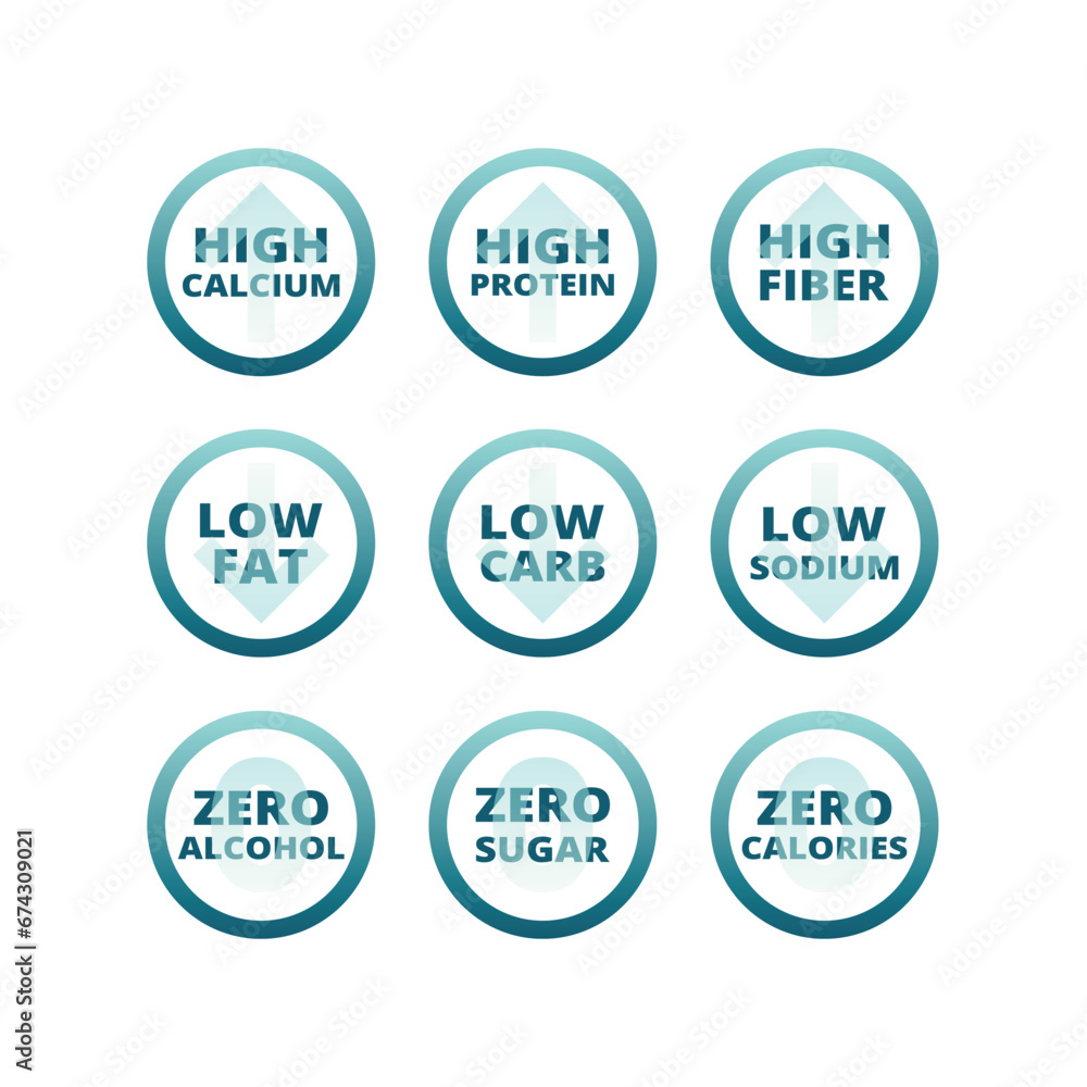 Zero sugar, low sodium and carbs label set. High protein, fiber and calcium vector icons and labels. Zero sugar, low sodium and carbs label set. High protein, fiber and calcium vector icons and labels.