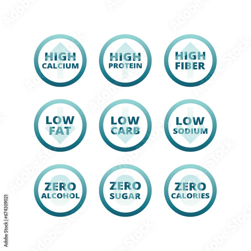 Zero sugar, low sodium and carbs label set. High protein, fiber and calcium vector icons and labels.