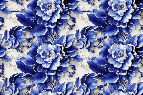 Elegant Blue and White Porcelain Floral Texture. Seamless Repeatable Background.