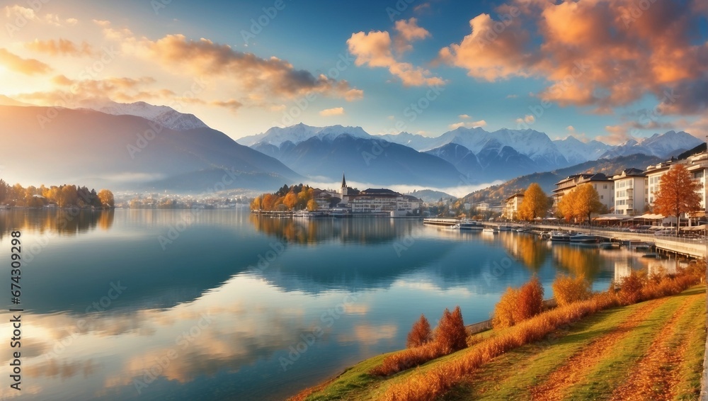 Calming misty lake reflects breathtaking sunrise over tranquil mountain landscape
