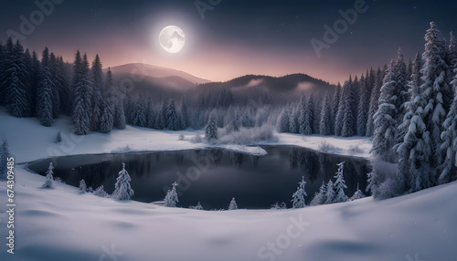 snowy meadow in lake with forest at night in full moon 