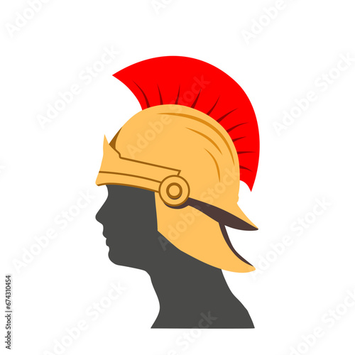 Warrior side view. Greek Helmet, Antiques Roman helmet for head protection soldiers with a crest of feathers or horsehair with slits for the eyes and mouth