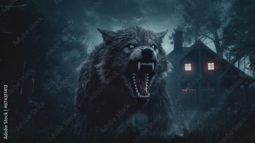 a Hairy werewolf growling in the moonlight over a full moon shining on a dark scary mystery foggy forest with a gothic house under the moon. - obrazy, fototapety, plakaty 