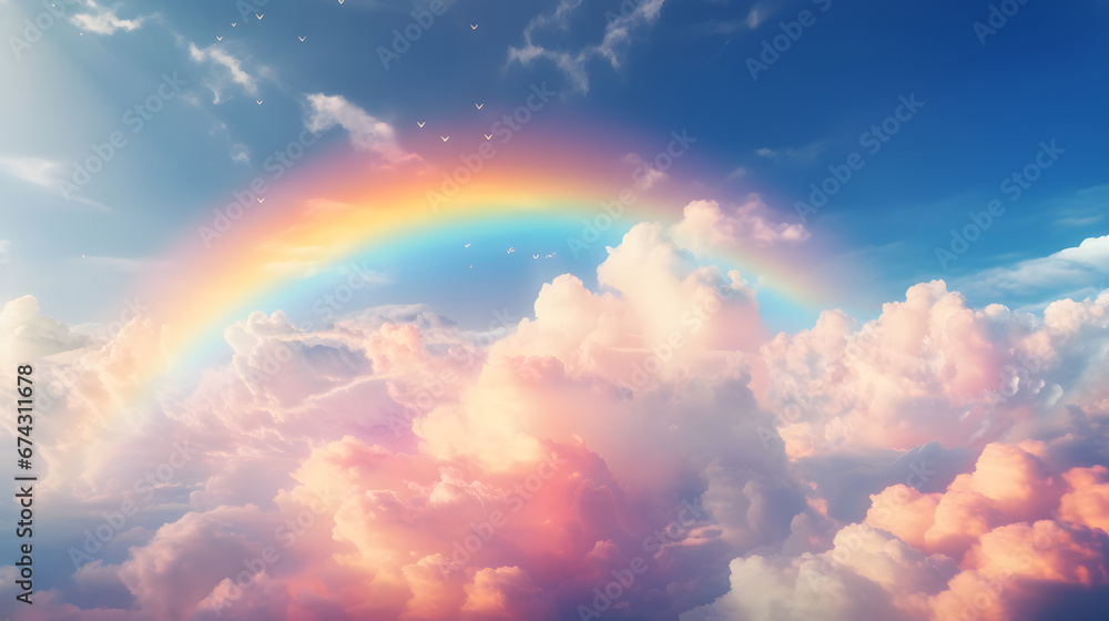 Stunning rainbow arcing across the sky, a fleeting display of nature's brilliance after a refreshing rainfall. Ai Generated.NO.02 - obrazy, fototapety, plakaty 