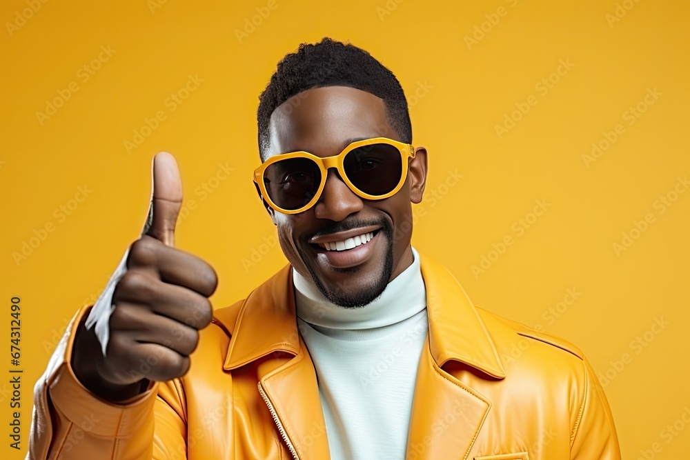 A young African-American man smiles broadly and gives the camera a thumbs-up. The concept of luck and success. Generated by AI. A young African-American man smiles broadly and gives the camera a thumbs-up. The concept of luck and success. Generated by AI.