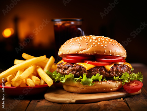 Delicious burger placed on a wooden table with fries - ai generative
