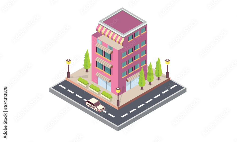 isometric rental room building.on white background.isometric design. 3D design elements for construction of urban and village landscapes.