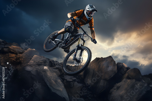 Mountain bike rider cyclist riding a bicycle. Downhill extreme sports concept
