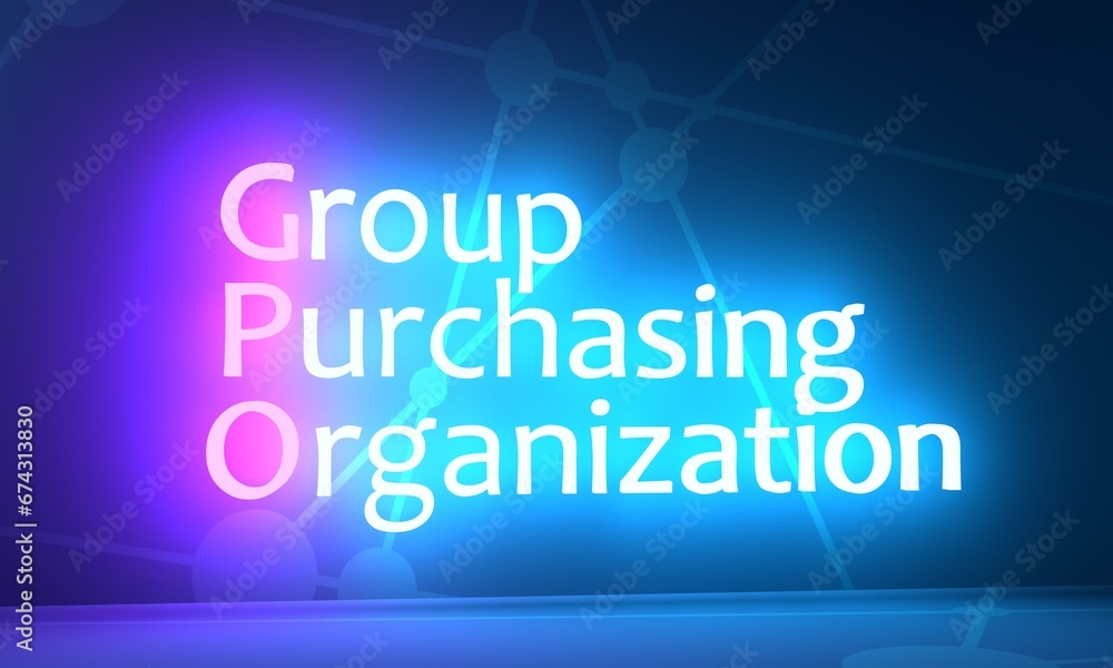 GPO Group Purchasing Organization - entity that is created to leverage the purchasing power of a group of businesses to obtain discounts from vendors. Neon shine acronym text background. 3D render