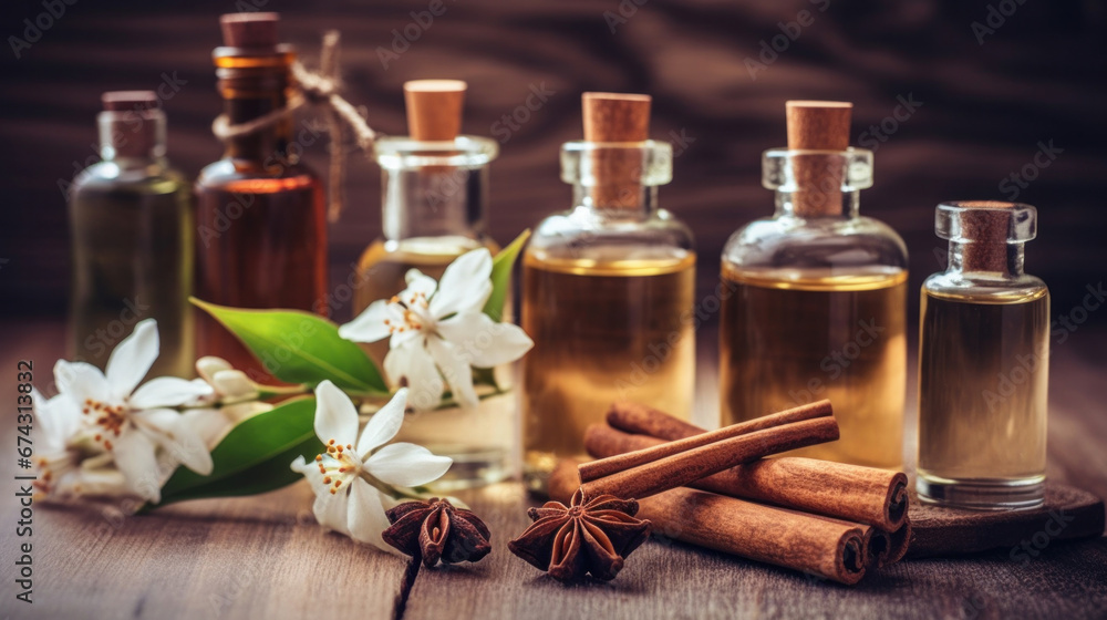 Essential oils with jasmine, cinnamon and vanilla on rustic wooden table, retro style. Spa and wellness aromatherapy treatment. Essential oils with jasmine, cinnamon and vanilla on rustic wooden table, retro style. Spa and wellness aromatherapy treatment.
