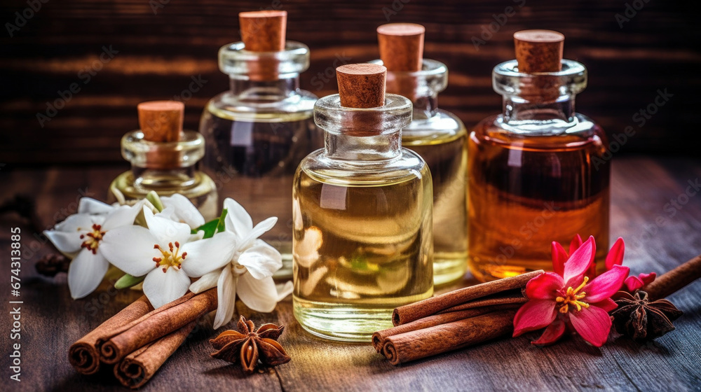 Essential oils with jasmine, cinnamon and vanilla on rustic wooden table, retro style. Spa and wellness aromatherapy treatment. Essential oils with jasmine, cinnamon and vanilla on rustic wooden table, retro style. Spa and wellness aromatherapy treatment.