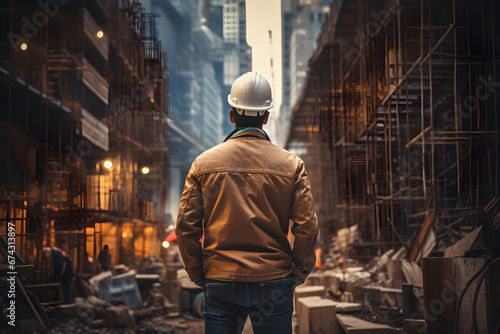 Construction engineer in standard safety attire looking at the building on the construction site from a back view, 