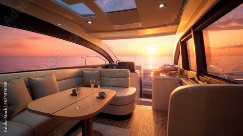 Interior of luxury motor yacht, furnishing decor of the salon area in a rich modern large sea boat design. Relaxation areas for water travel.