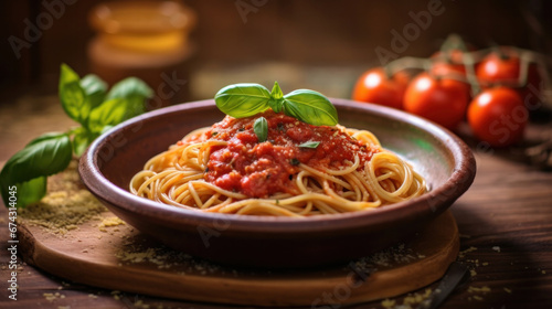 Italian spaghetti on rustic wooden table in the restaurant.