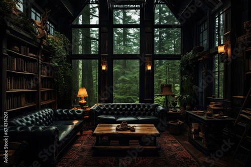 interior of a cozy study library hall with bookshelves, leather couches and plants