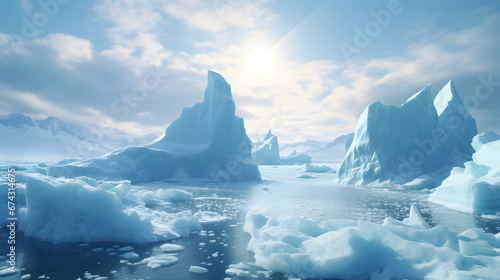 Towering icebergs floating in a serene Arctic landscape, testament to the majesty and fragility of our polar regions. Ai Generated.NO.01