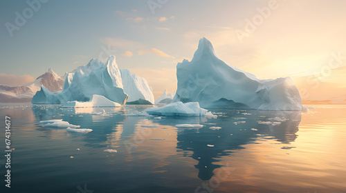 Towering icebergs floating in a serene Arctic landscape, testament to the majesty and fragility of our polar regions. Ai Generated.NO.04