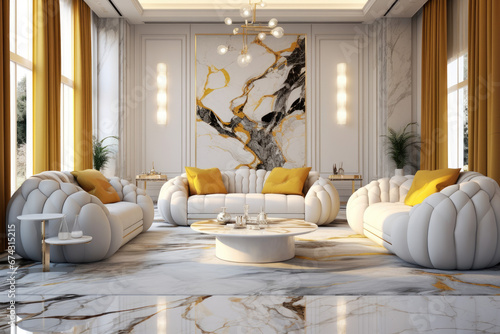 luxury room interior fancy apartment suite hotel lounge with white and gold marble and furniture, Generative AI  photo
