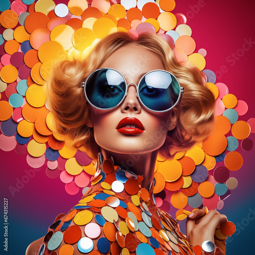 Fashion retro girl on background with circle pop art background. Woman in sunglasses in surrealistic 60s-70s disco club culture lifestyle