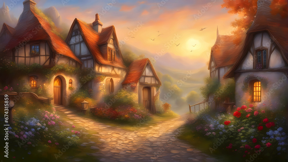 An old european village with cobblestone streets and cottages. An old european village with cobblestone streets and cottages.