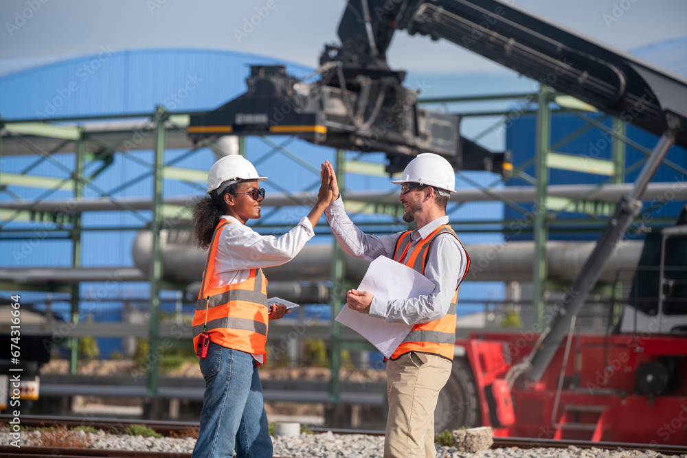 Engineer under discussion inspection and checking construction process railway switch and checking work on railroad station .Engineer wearing safety uniform and safety helmet in work. Engineer under discussion inspection and checking construction process railway switch and checking work on railroad station .Engineer wearing safety uniform and safety helmet in work.
