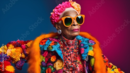 portrait of an elderly African American woman with sunglass in bold colored clothing and head dress