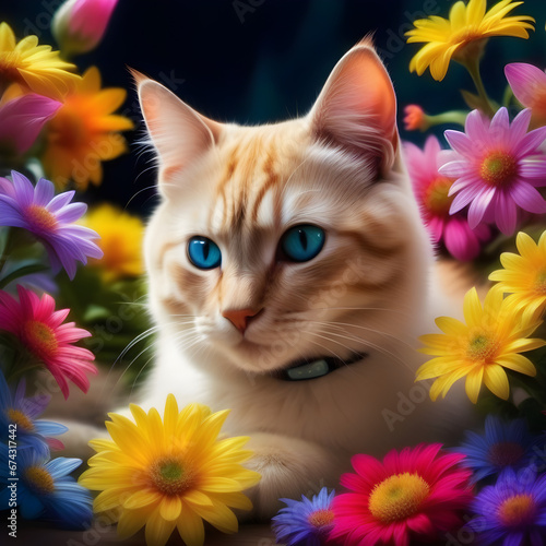 bright, flower, surrounded, mysterious, cat, jewel-like, colorful, bright,