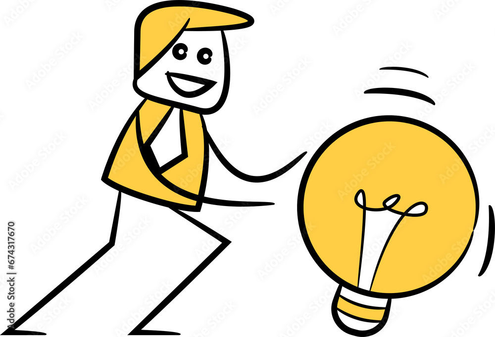 Doodle Businessman Pushing Light Bulb

