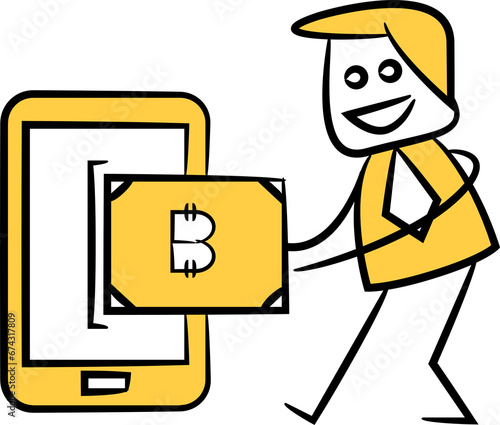 Doodle Businessman Withdraw Bitcoin from Smartphone 