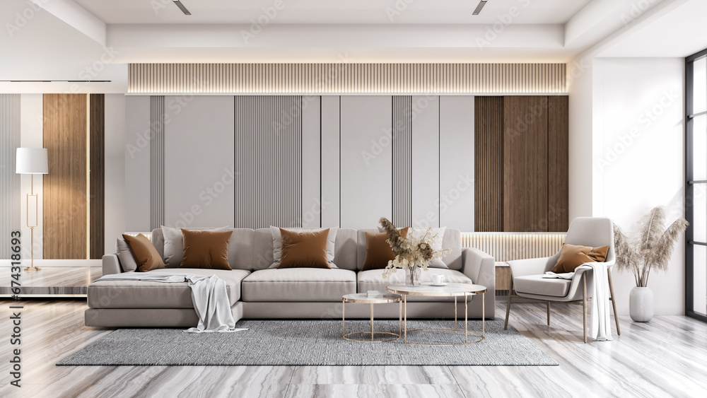 Modern living room interior design, marble floor, white wall ,3d render ...