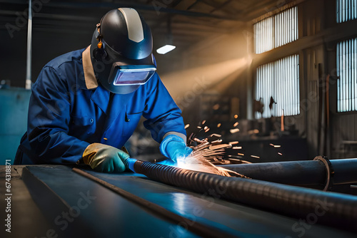 Male in face mask welds with argon arc welding.