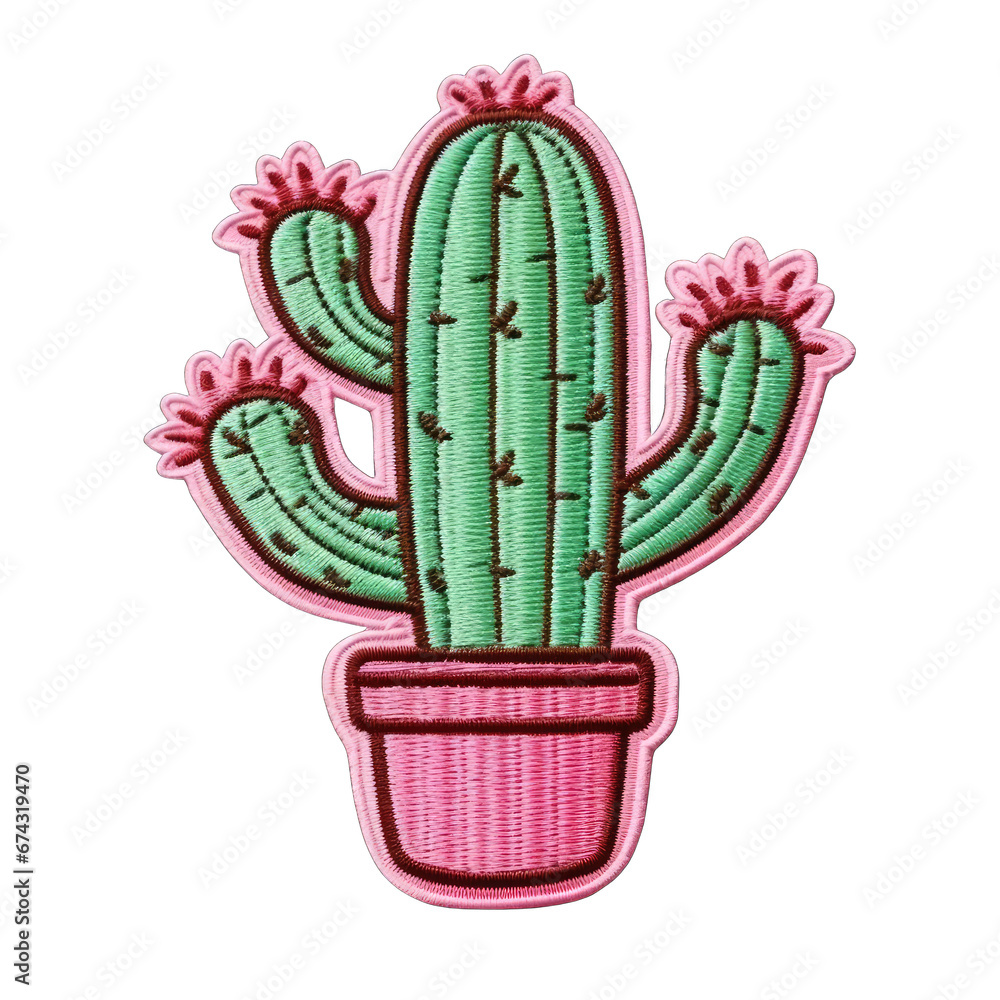 Cute cactus embroidery patch isolated on transparent background. Cute decoration for clothes and accessories Cute cactus embroidery patch isolated on transparent background. Cute decoration for clothes and accessories