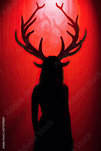 Female silhouette with antlers devil horns on red background