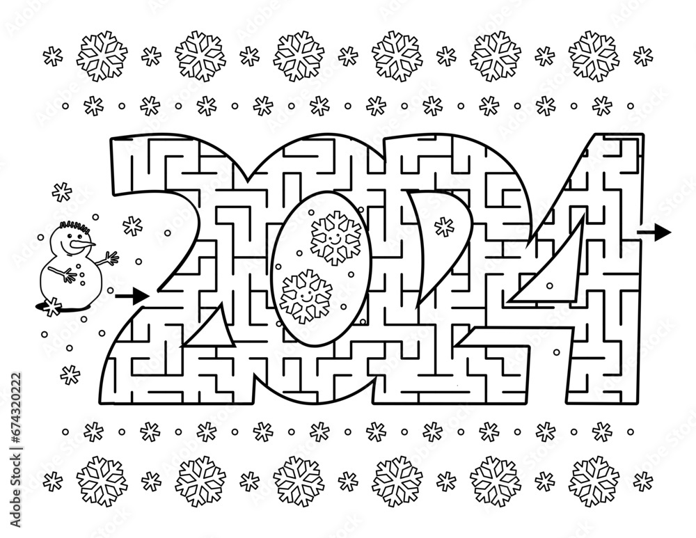 Fototapeta premium Year 2024 maze game: Help the snowman get through the maze. 