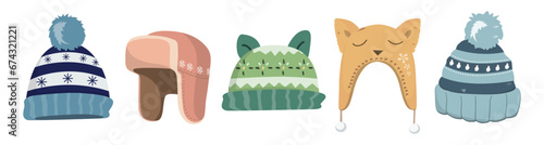 Cute winter hats set. Design elements for a winter greeting card for New year or Christmas. Vector Illustration.